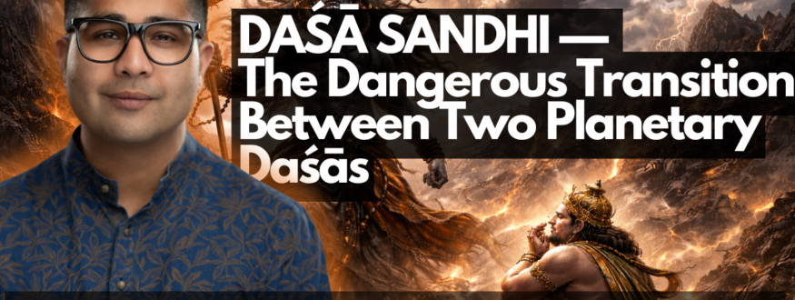 A deep classical exploration of Daśā Sandhi in Vedic Astrology with Sanskrit śloka references from Brihat Parashara Hora Shastra and Phaladīpikā. Understand karmic transitions, destiny shifts, and spiritual rebirth through Jyotiṣa.
