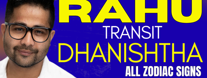 Astrology video thumbnail: man with glasses on the left, bold yellow 'RAHU' and white text 'TRANSIT DHANISHTHA', 'ALL ZODIAC SIGNS' and 'Aug 1st, 2026' on a blue background.