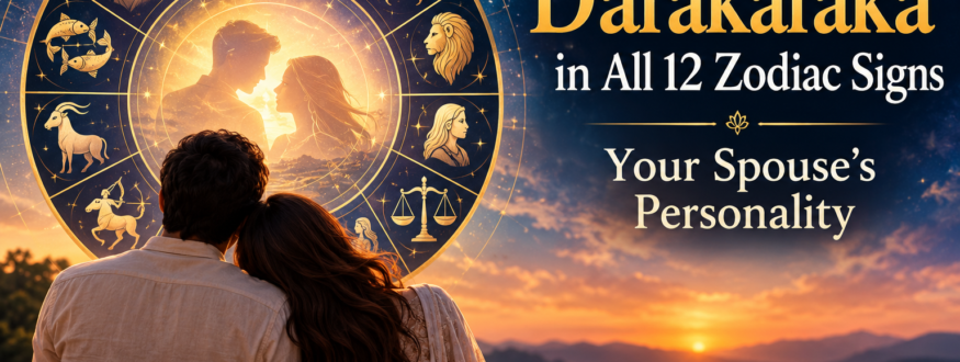 Couple gazing at a glowing zodiac wheel at sunset; banner text reads 'Darakaraka in All 12 Zodiac Signs' and 'Your Spouse’s Personality'