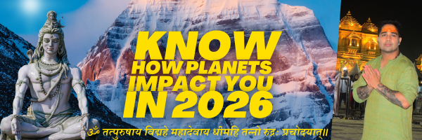 Banner with bold text 'KNOW HOW PLANETS IMPACT YOU IN 2026' over mountains, a Hindu statue on the left, and a man in green with folded hands on the right.